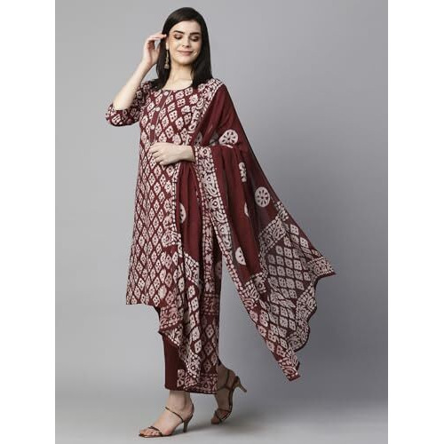 ANNI DESIGNER Women's Cotton Blend Printed Straight Kurta with Pant & Dupatta (Sayara-Wine-NW_M_Wine_Medium)