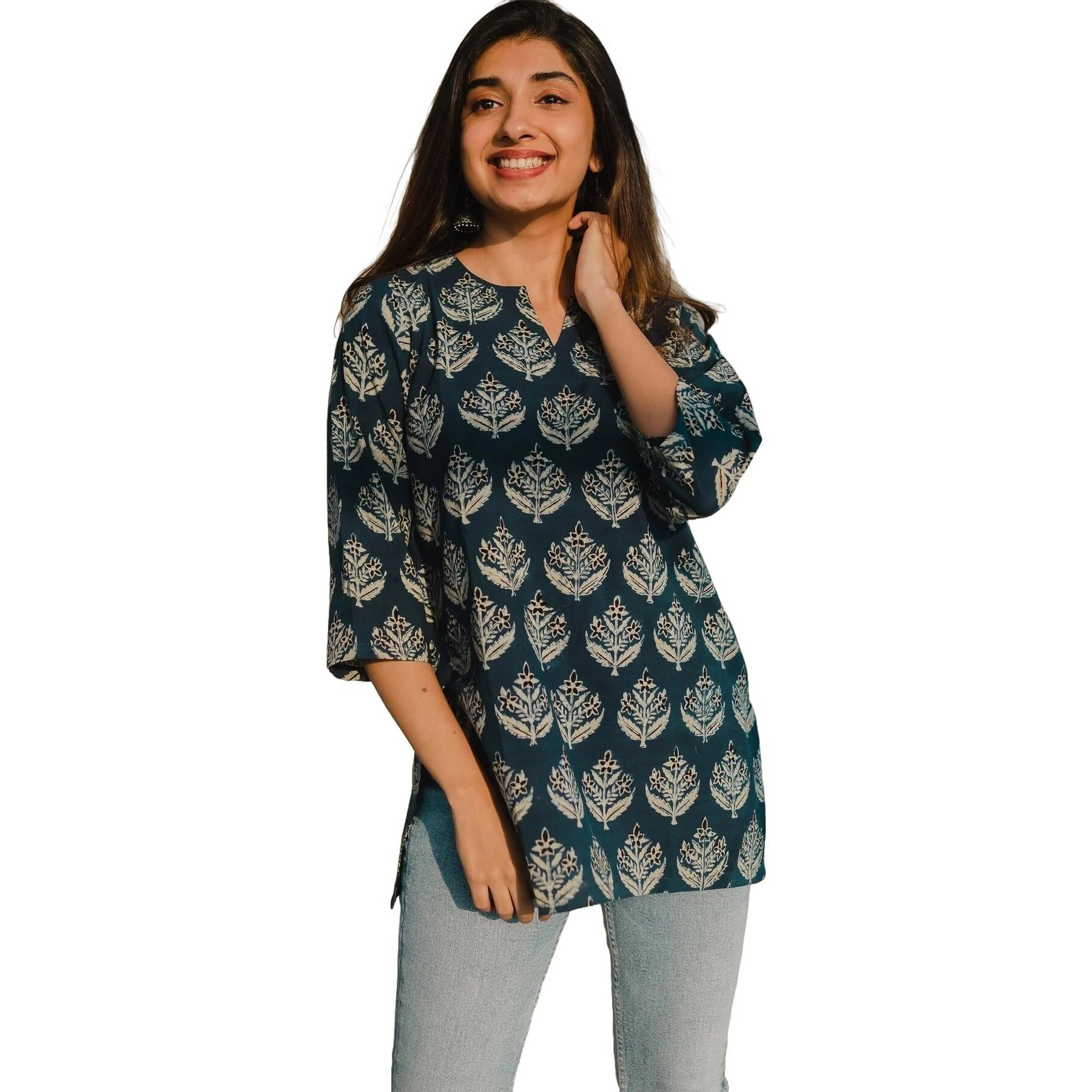 KLOSIA Women Printed Short Kurta (in, Alpha, L, Blue)