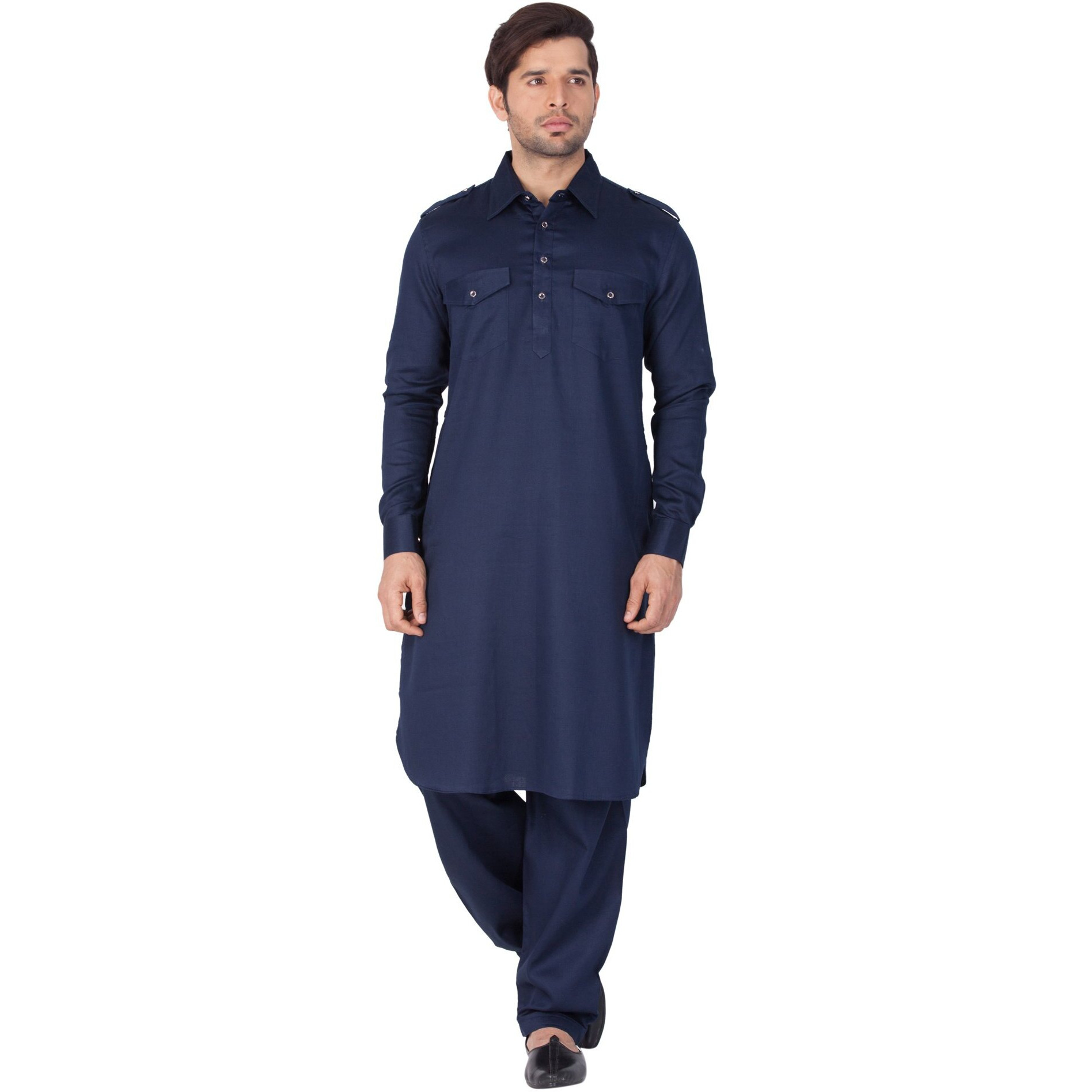 VASTRAMAY Men Cotton Pathani Khan Suit Set (Navy Blue_VASMPTBU009_38)