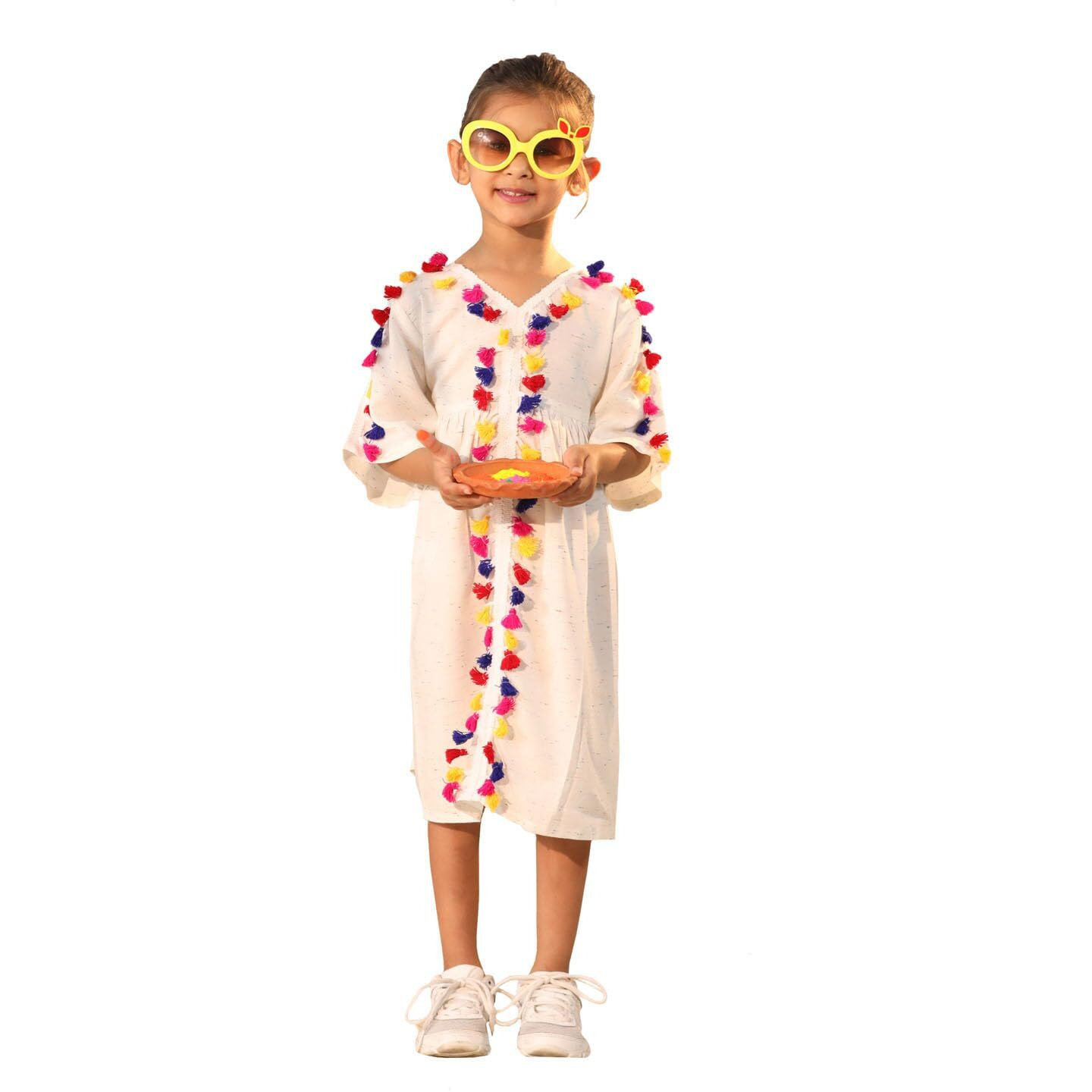 VASTRAMAY Girl's Cotton Blend Cream Dress || Holi Theme Dress for Girl's
