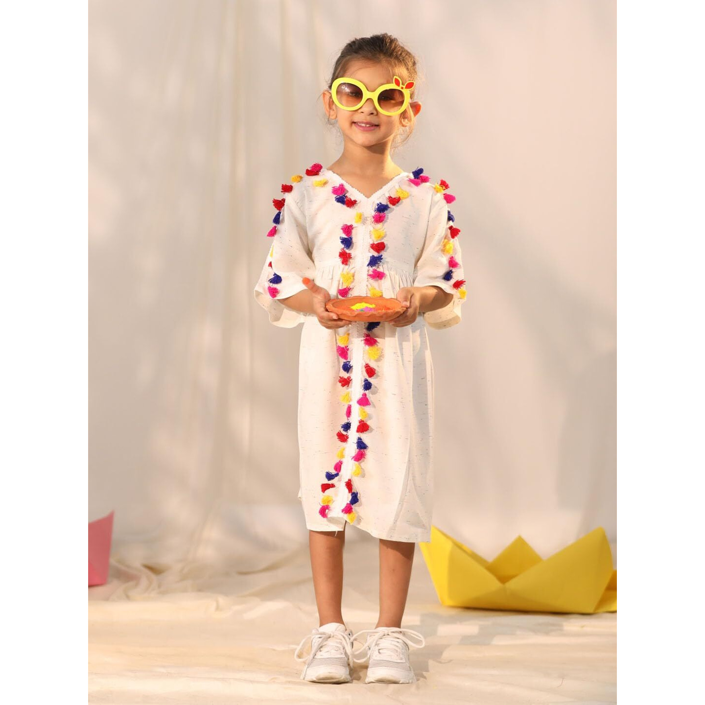 VASTRAMAY Girl's Cotton Blend Cream Dress || Holi Theme Dress for Girl's