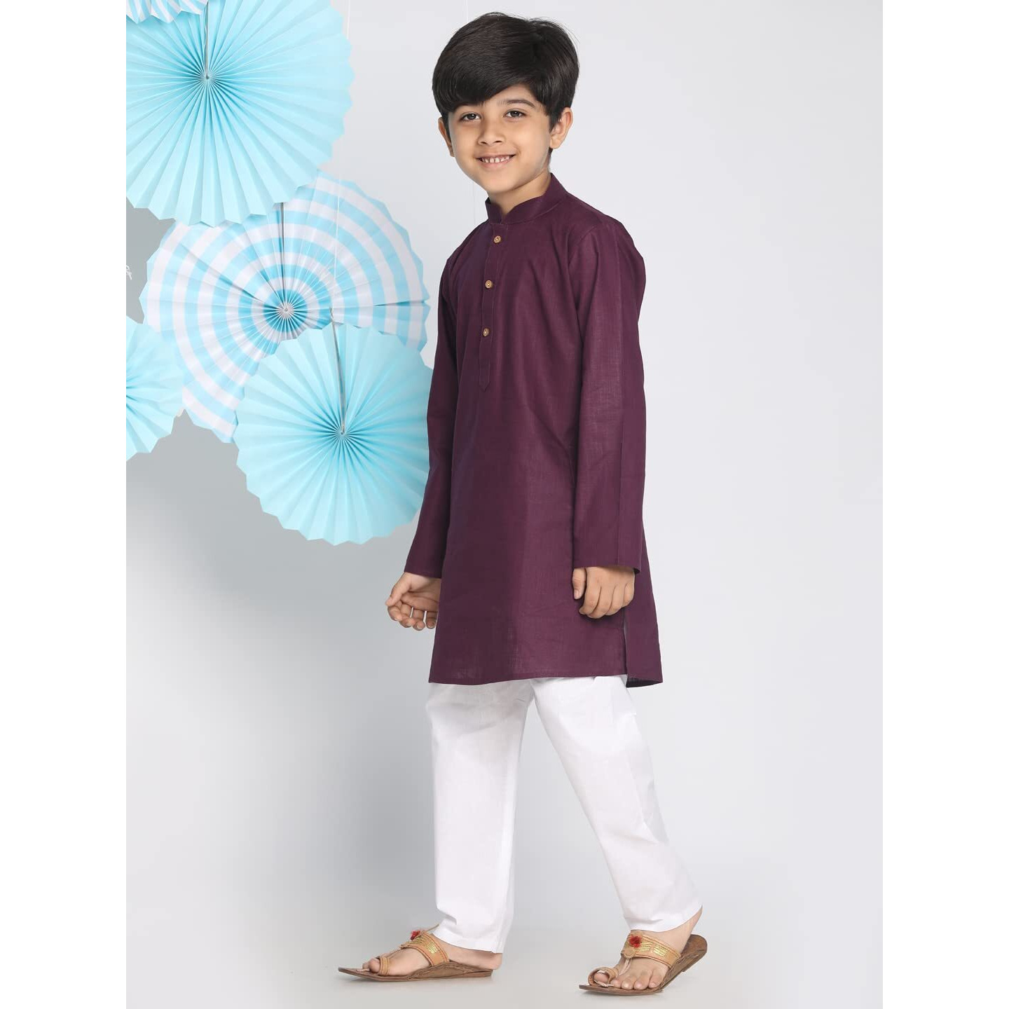 VASTRAMAY Boys' Cotton Solid Color Kurta with Full Sleeves, Mandarin Collar & Wooden Buttons  White Elasticated Waist Pyjama Set for Ethnic and Festive Occasions