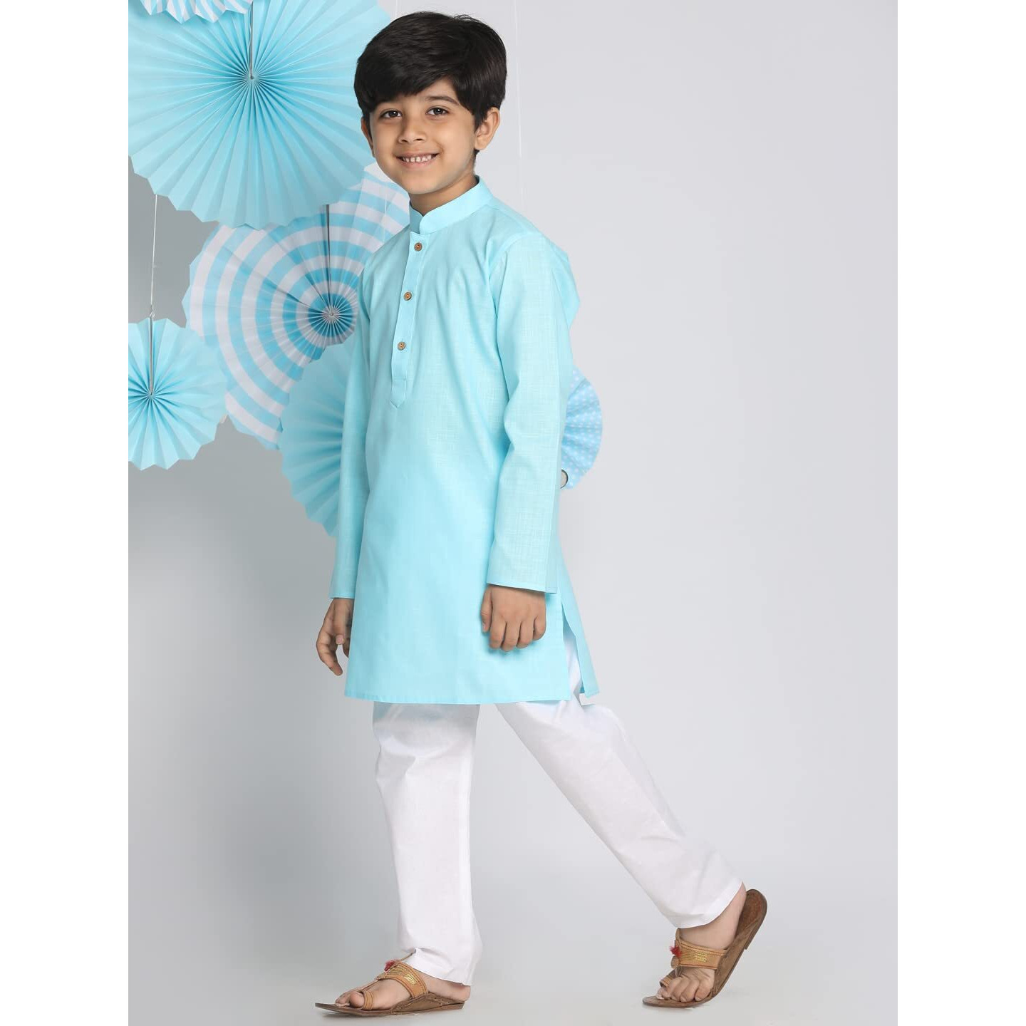 VASTRAMAY Boys' Cotton Solid Color Kurta with Full Sleeves, Mandarin Collar & Wooden Buttons  White Elasticated Waist Pyjama Set for Ethnic and Festive Occasions
