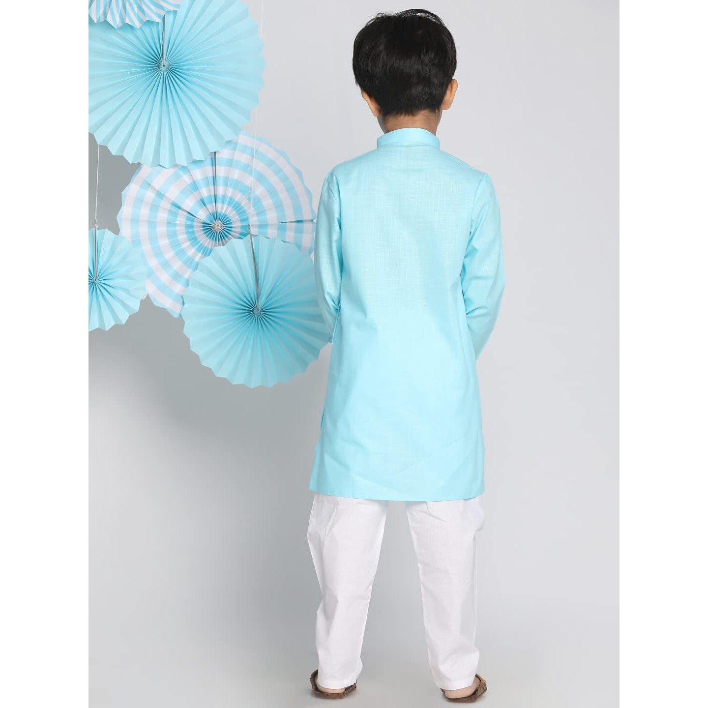 VASTRAMAY Boys' Cotton Solid Color Kurta with Full Sleeves, Mandarin Collar & Wooden Buttons  White Elasticated Waist Pyjama Set for Ethnic and Festive Occasions