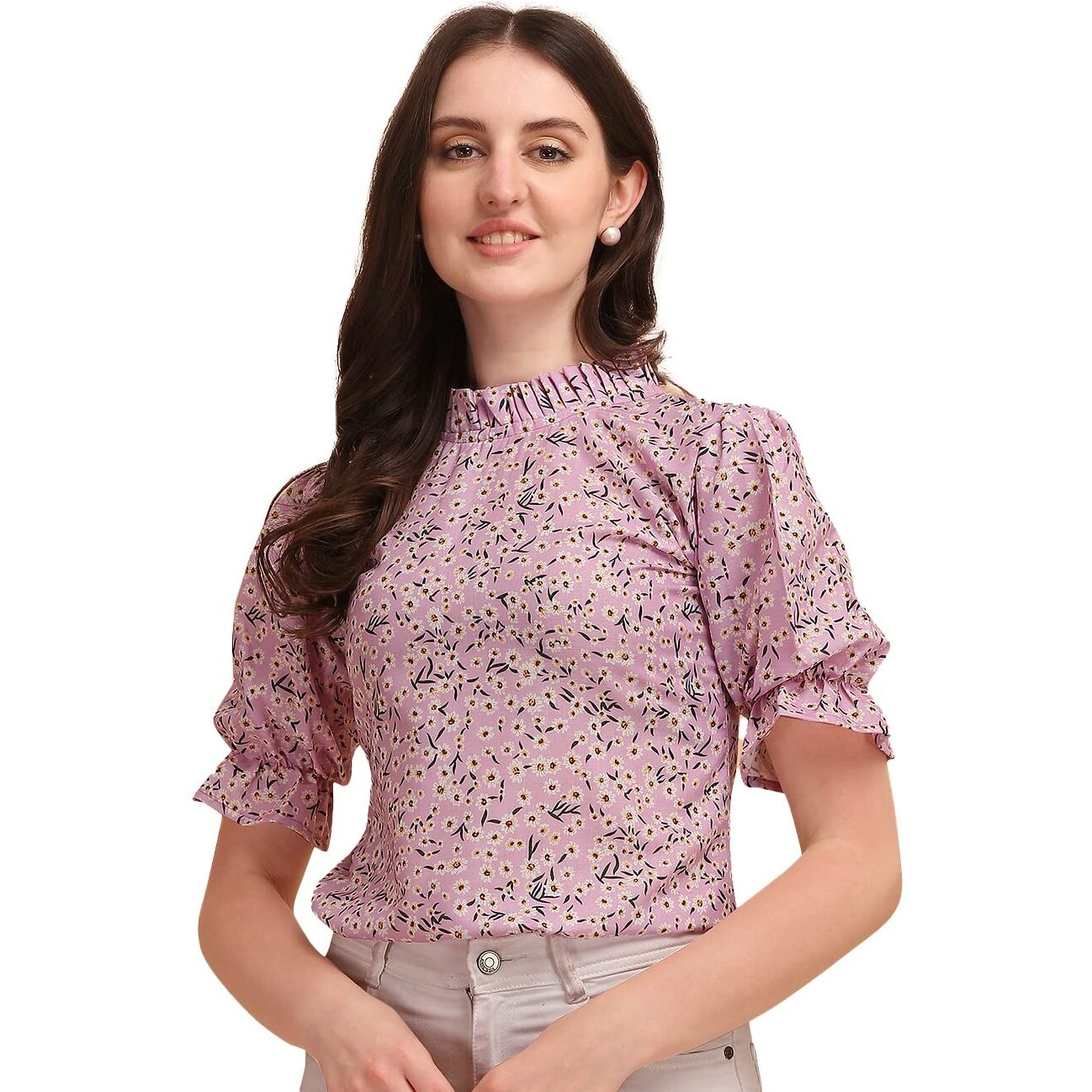 Wedani Women's Casual Puff Sleeves Ruffled Collor Foral Top (Large, Purple)