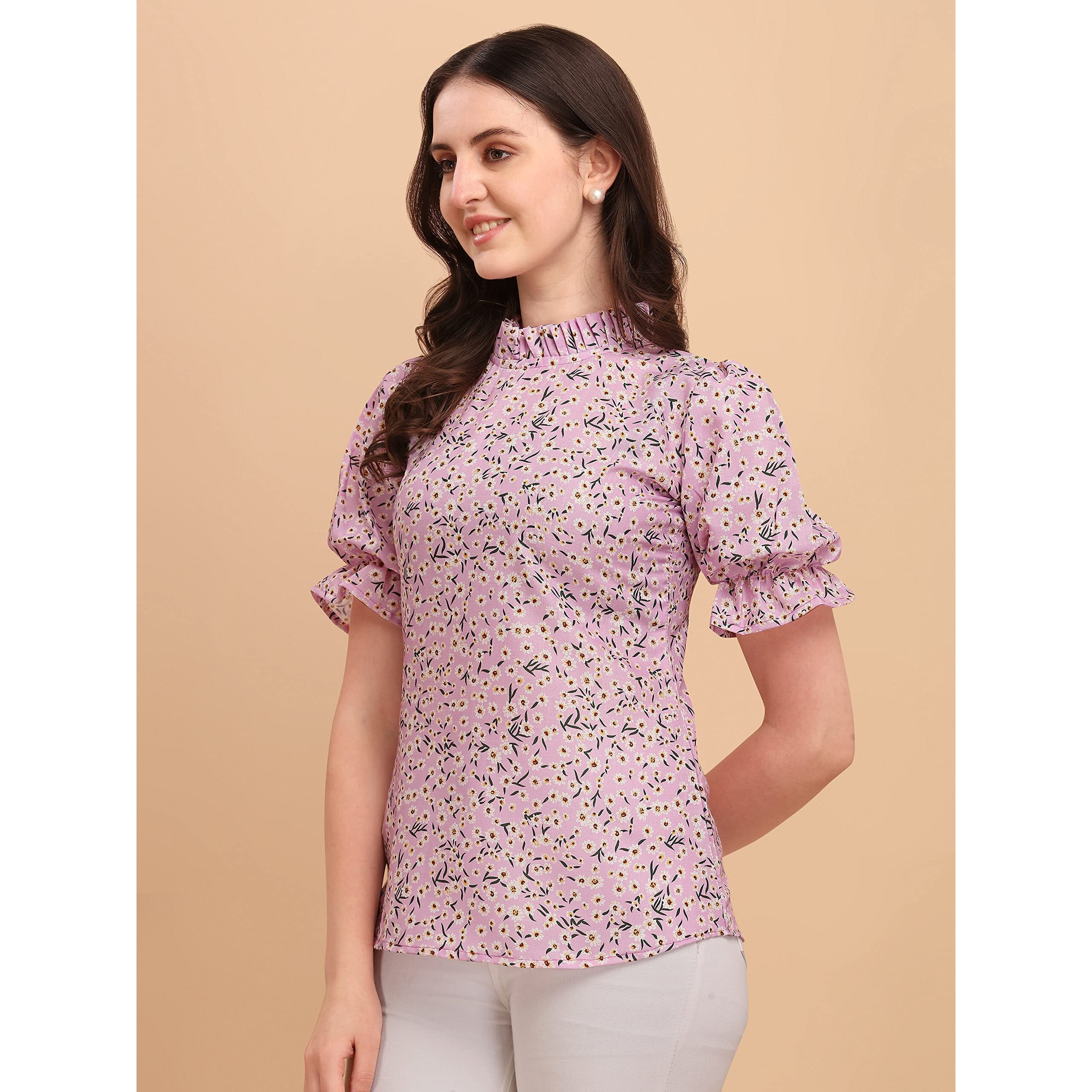 Wedani Women's Casual Puff Sleeves Ruffled Collor Foral Top (Large, Purple)