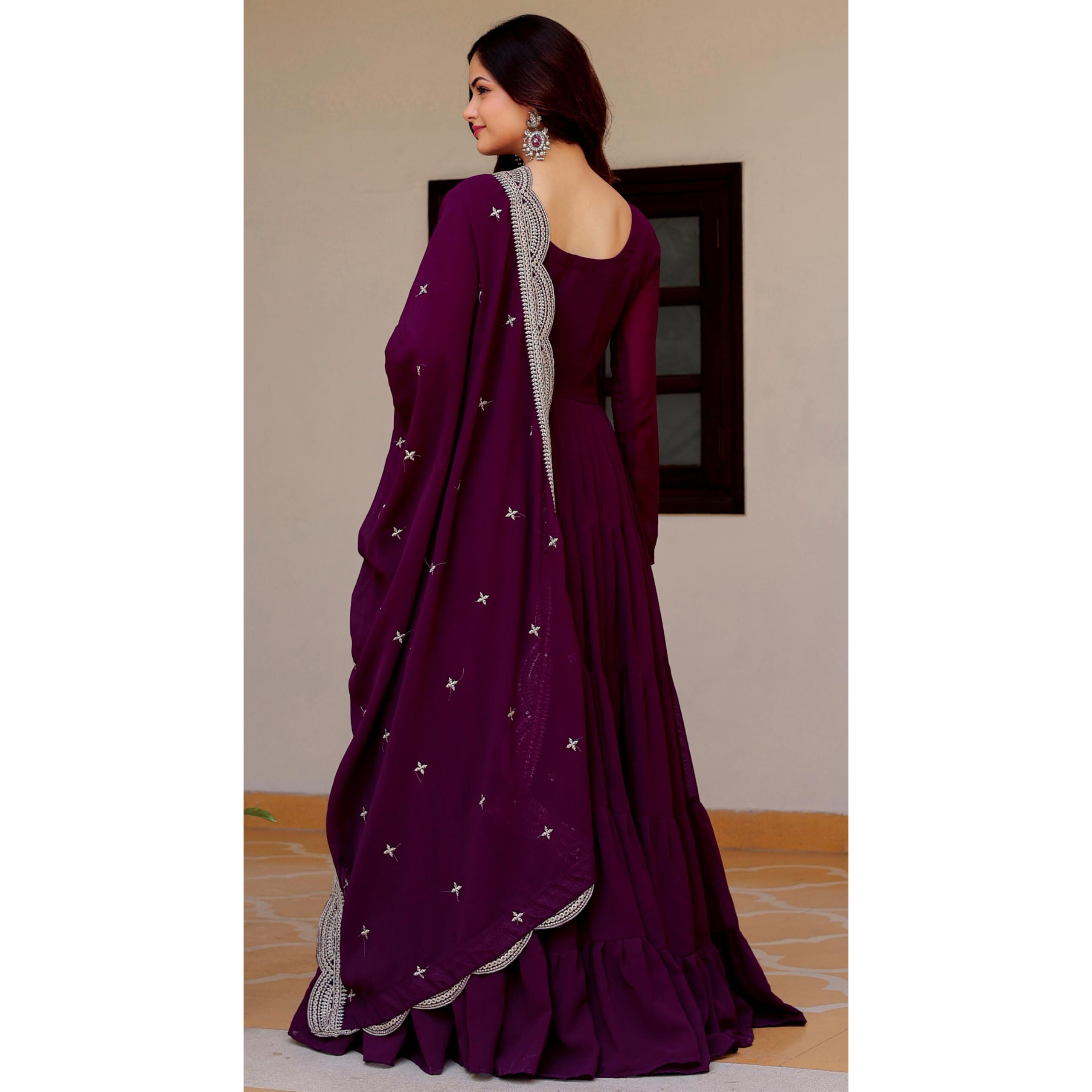 Wedani Georgette Sequins Work Anarkali Kurta Set for Women (in, Alpha, XL, Regular, Purple)