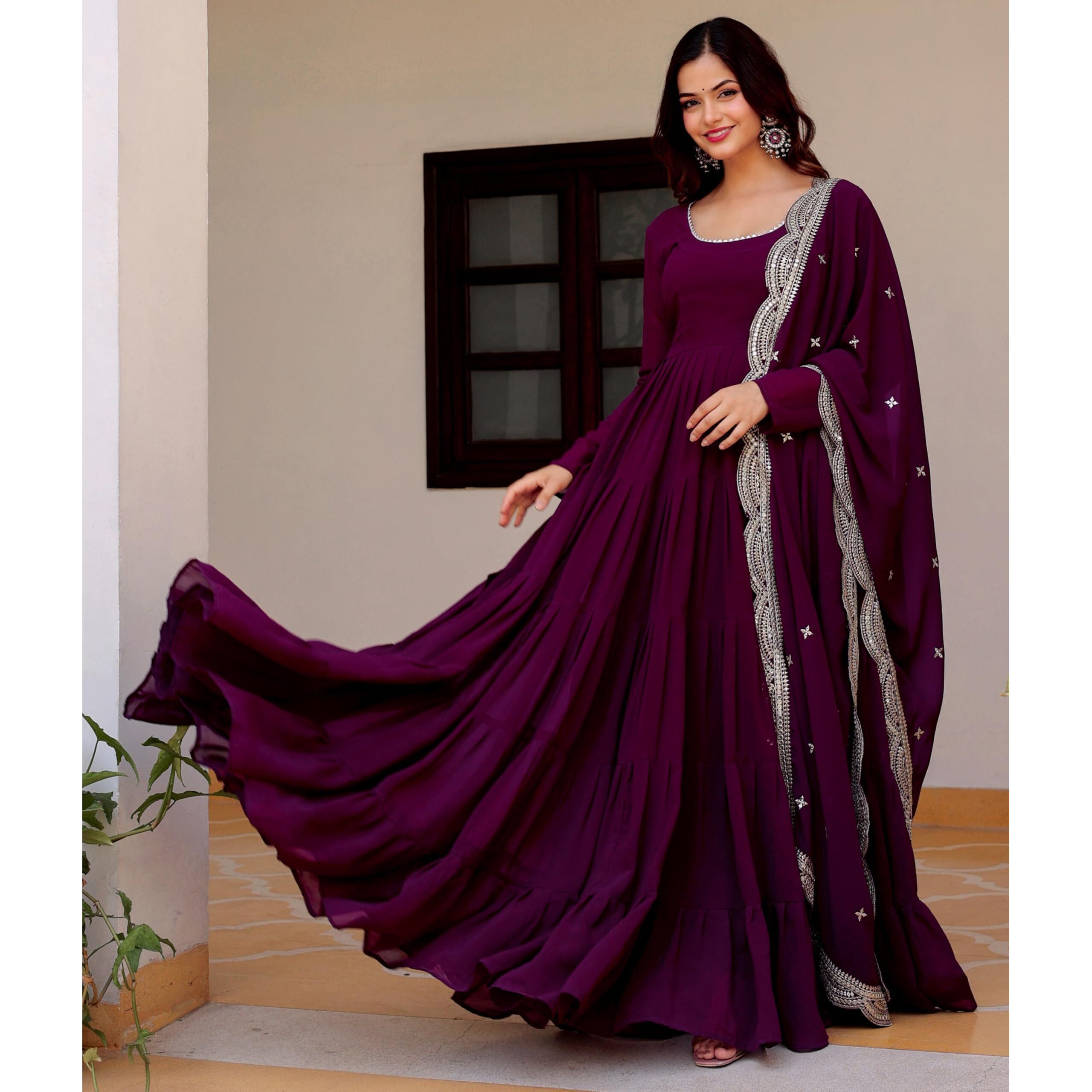 Wedani Georgette Sequins Work Anarkali Kurta Set for Women (in, Alpha, XL, Regular, Purple)