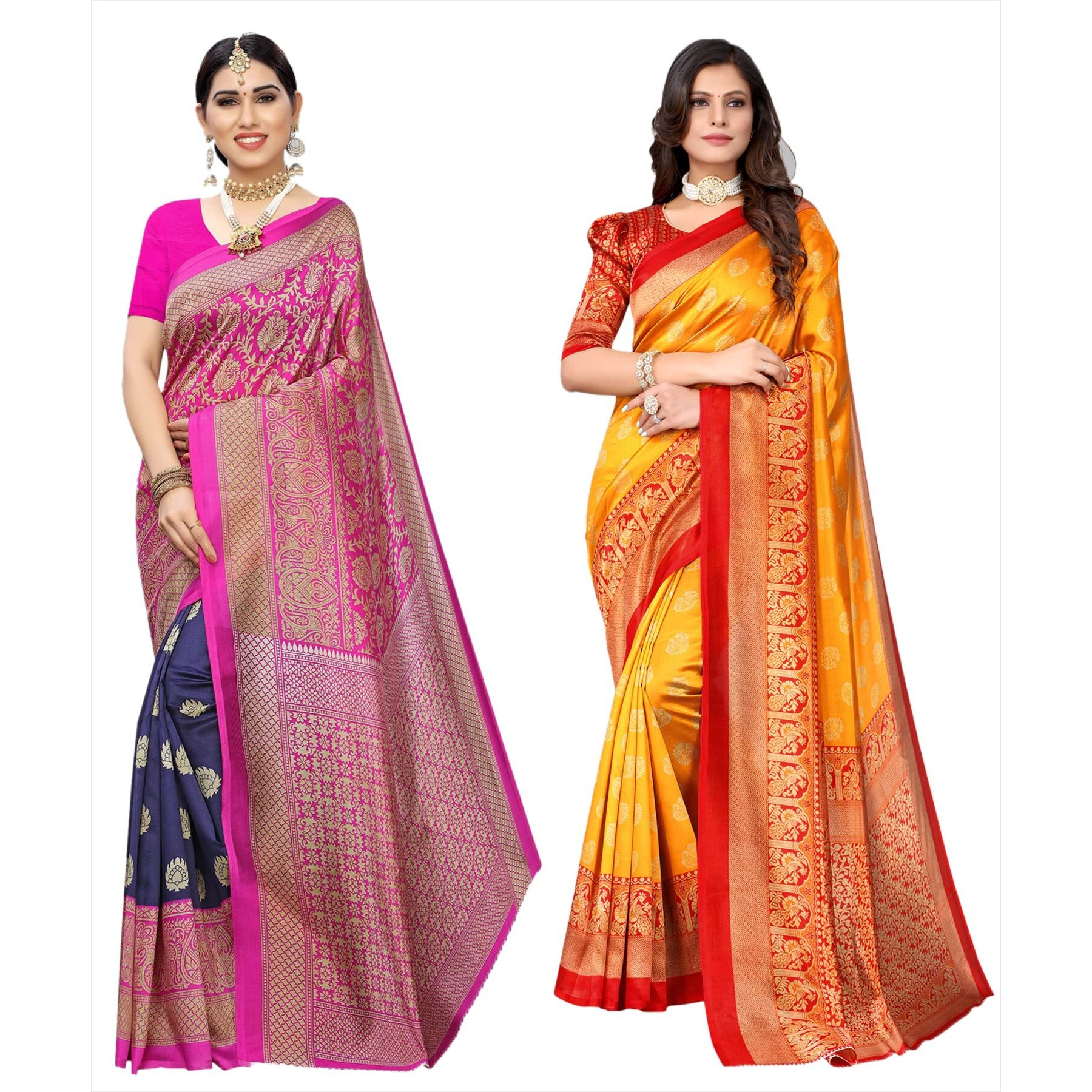 Yashika Women's Combo Art Silk Printed Saree With Blouse Piece Pack Of 2(METRO NAVY-MINALI MUSTARD)