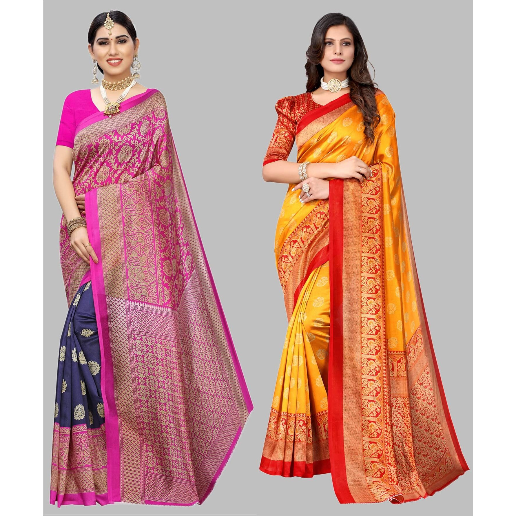 Yashika Women's Combo Art Silk Printed Saree With Blouse Piece Pack Of 2(METRO NAVY-MINALI MUSTARD)