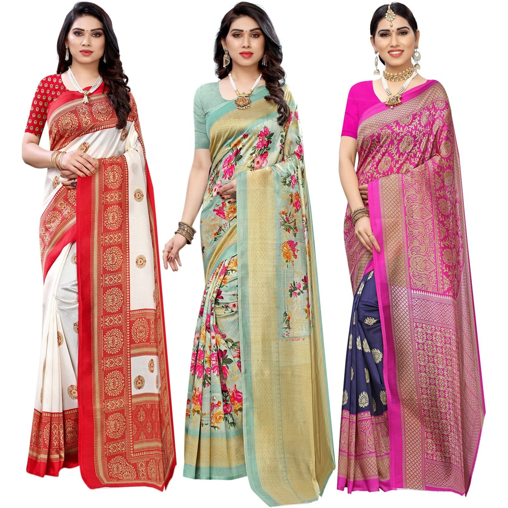 Yashika Women's Combo Art Silk Saree with Blouse Piece-Pack of 3(AAMRAPALI RED-AIR Light Green-Metro Navy) Multicolor-01