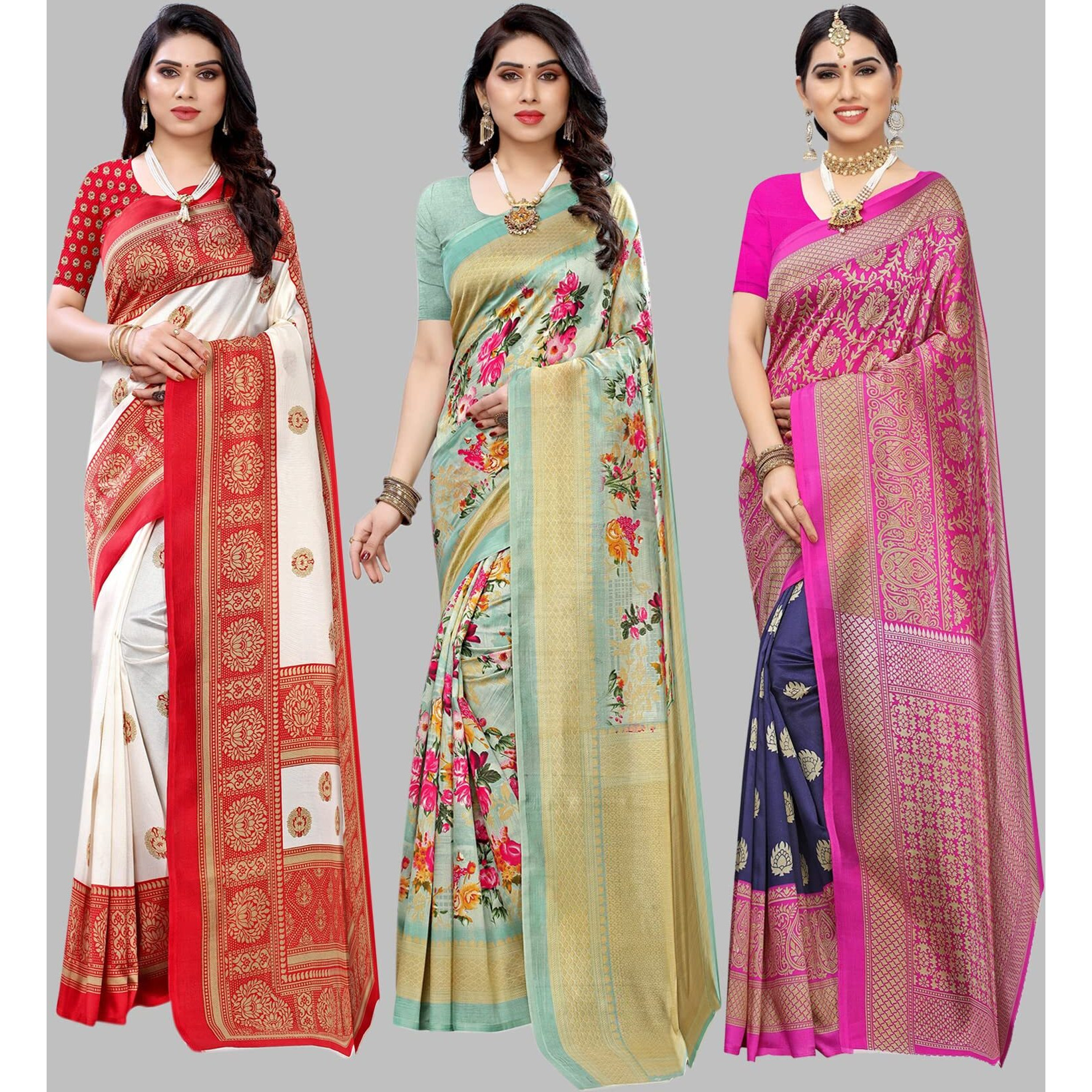 Yashika Women's Combo Art Silk Saree with Blouse Piece-Pack of 3(AAMRAPALI RED-AIR Light Green-Metro Navy) Multicolor-01