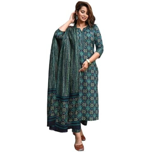 Yashika Checkered Regular Printed Cotton Blend Straight Kurta Pant Dupatta Set-Stylish Ethnic Wear for Women (AZ-YS-OG-KS2116-Parent_Green