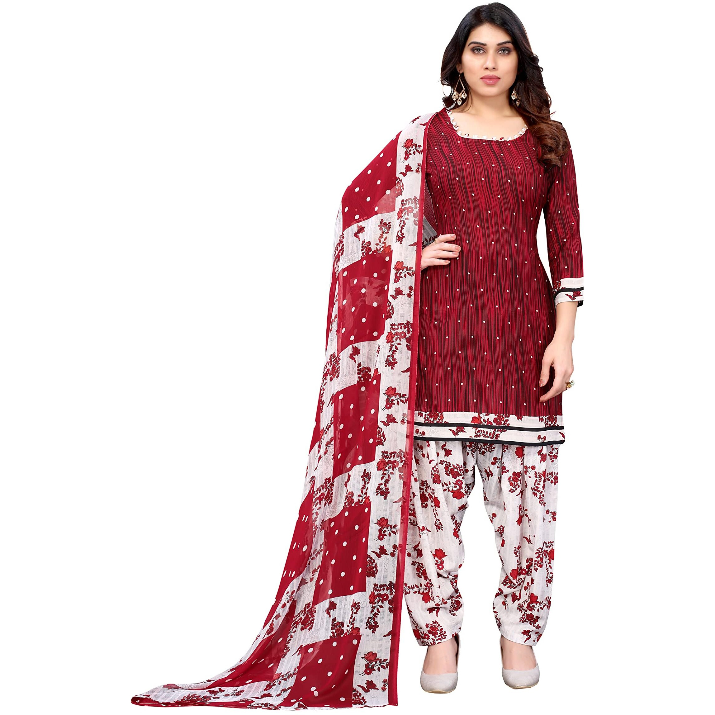 Yashika Women's French Crepe Printed Unstiched Dress Material(ABHILASHA RED),Red-White,Free Size