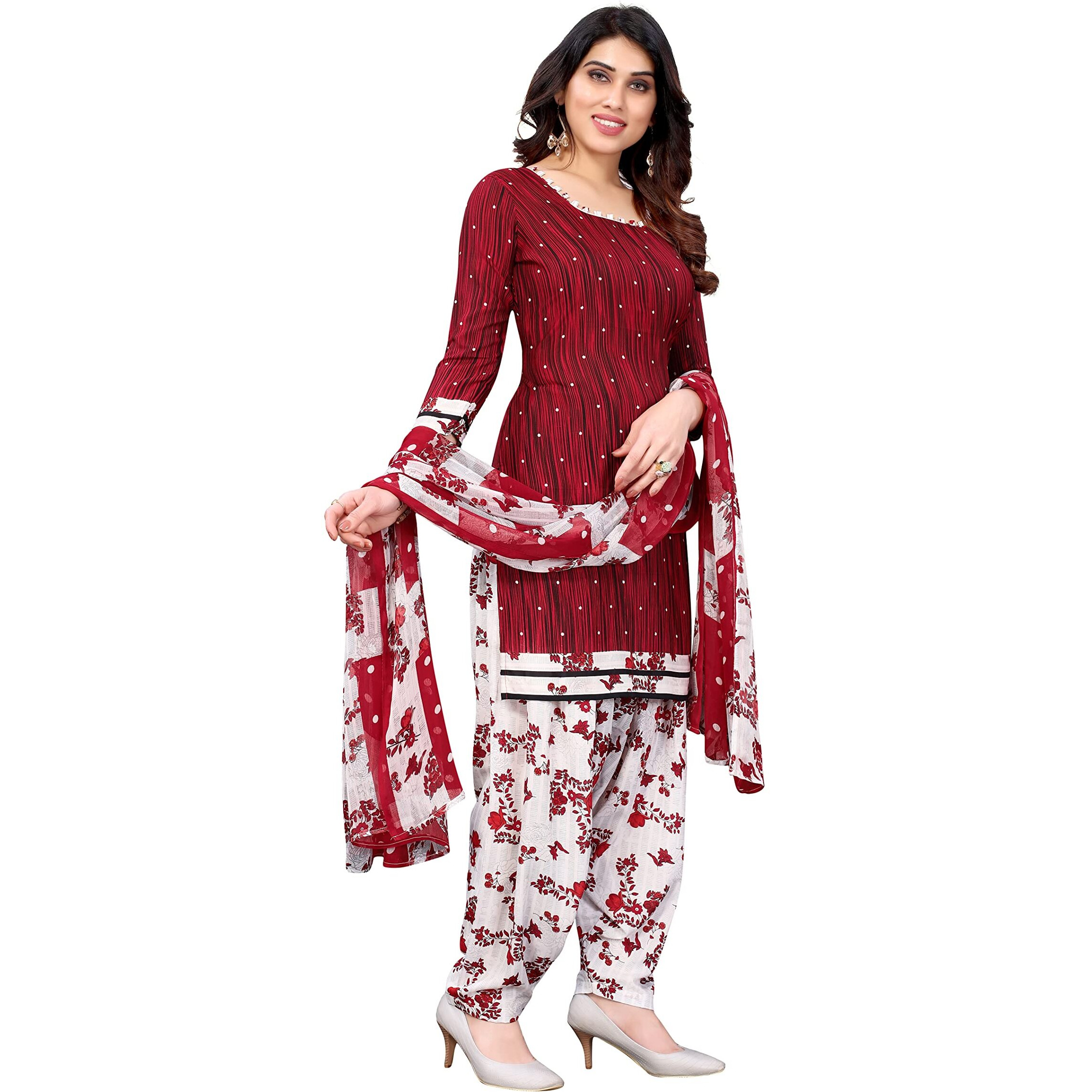 Yashika Women's French Crepe Printed Unstiched Dress Material(ABHILASHA RED),Red-White,Free Size