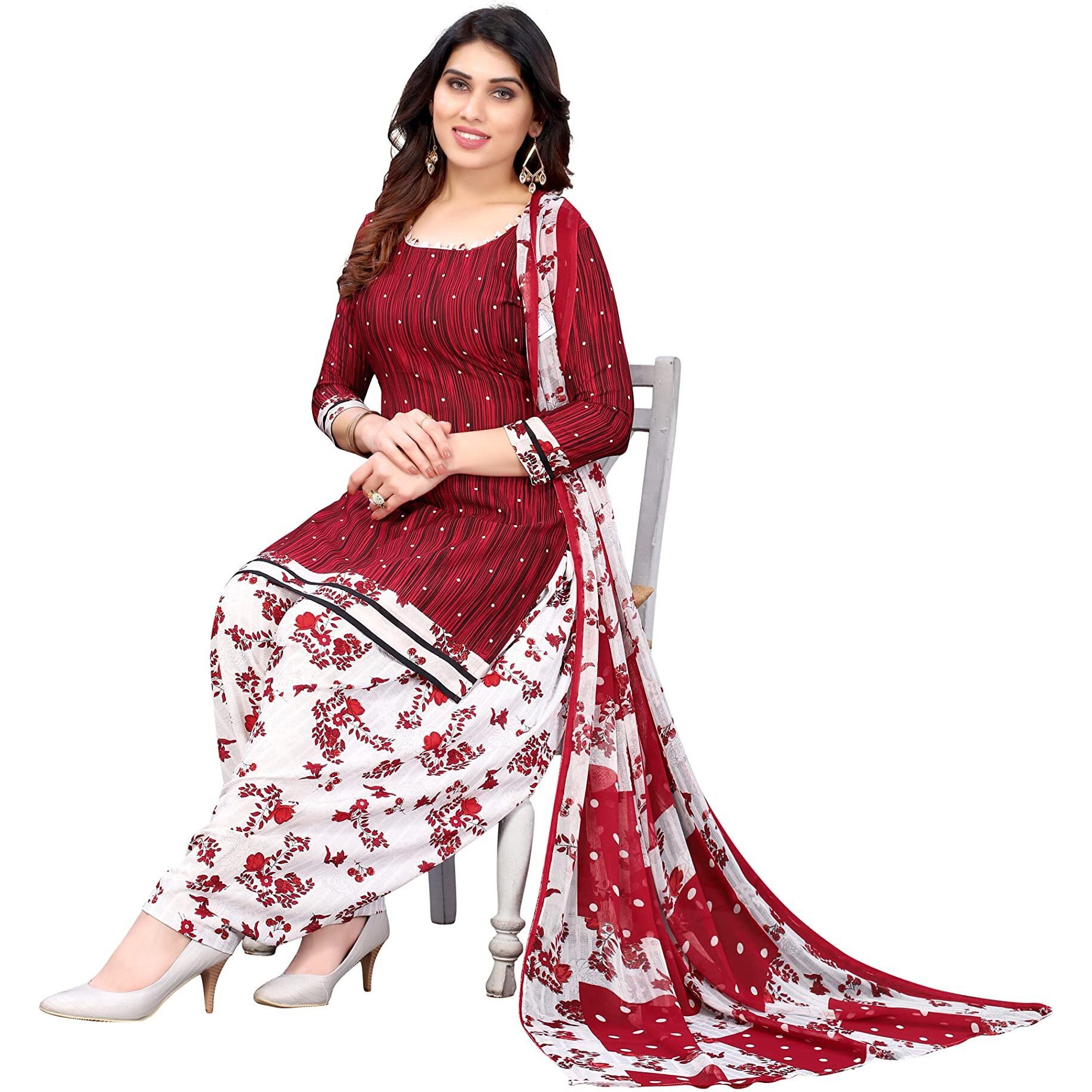 Yashika Women's French Crepe Printed Unstiched Dress Material(ABHILASHA RED),Red-White,Free Size