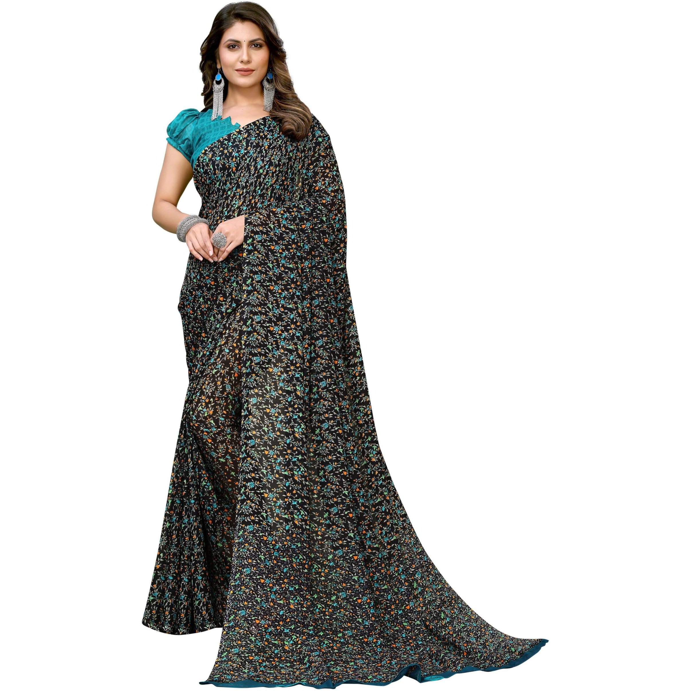Yashika Women's Trendy Printed Georgette Rama Color Saree with Blouse Material(JAMUNA RAMA)