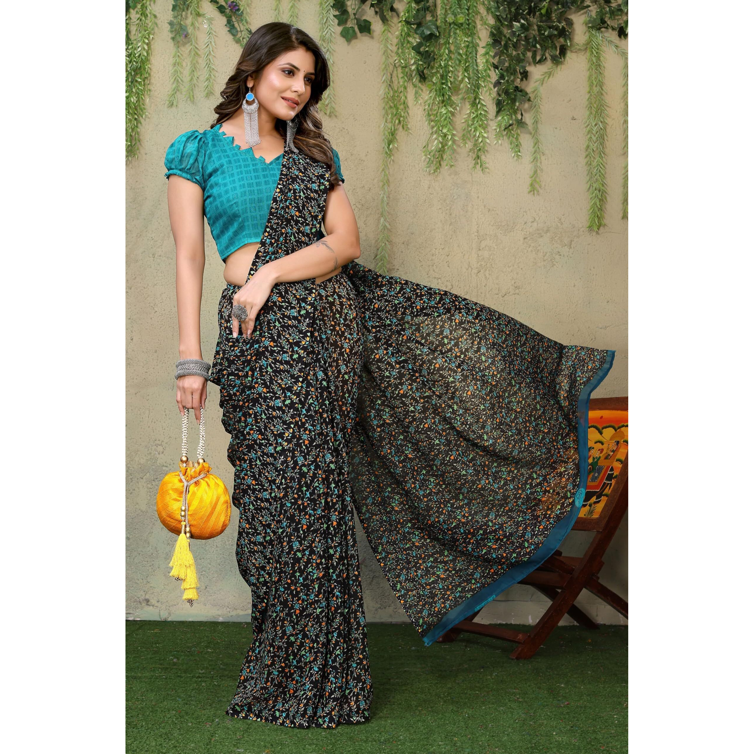 Yashika Women's Trendy Printed Georgette Rama Color Saree with Blouse Material(JAMUNA RAMA)