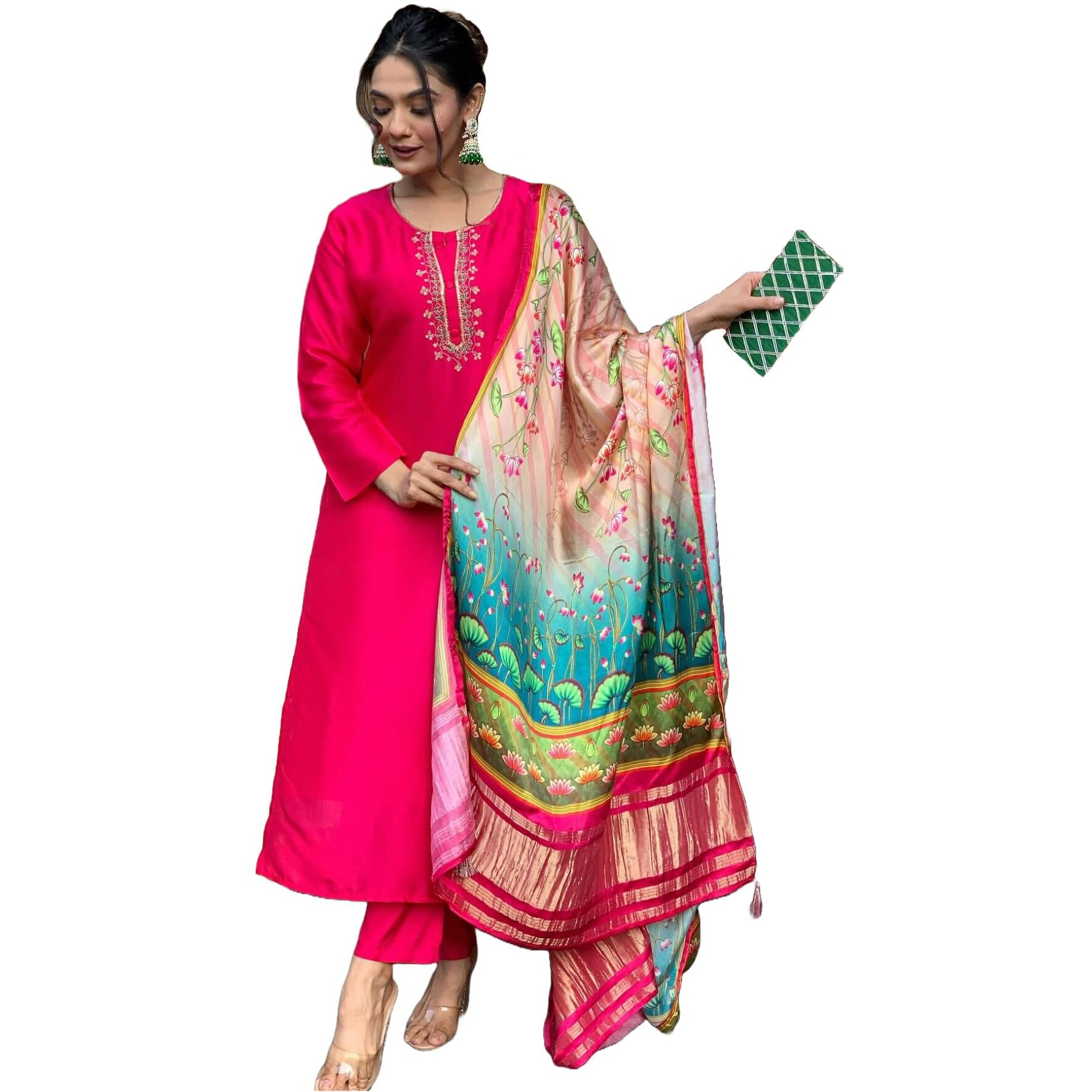 ANNI DESIGNER Women's Rayon Blend Embroidered Straight Kurta with Pant & Dupatta (OCB Pink_VKS-01_S_Pink_Small)