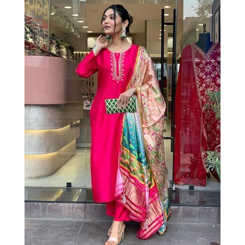 ANNI DESIGNER Women's Rayon Blend Embroidered Straight Kurta with Pant & Dupatta (OCB Pink_VKS-01_S_Pink_Small)