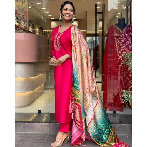 ANNI DESIGNER Women's Rayon Blend Embroidered Straight Kurta with Pant & Dupatta (OCB Pink_VKS-01_S_Pink_Small)