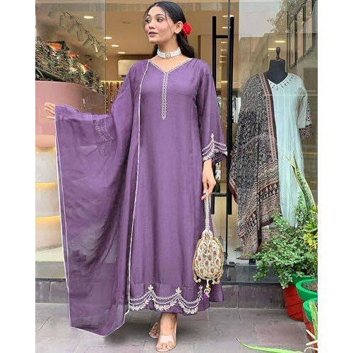 ANNI DESIGNER Women's Rayon Viscose Anarkali Embroidered Kurta with Pant & Dupatta (Ranibai Purple_XXL_Purple_XX-Large)