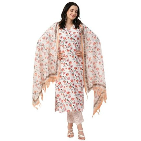 ANNI DESIGNER Women's Rayon Blend Straight Printed Kurta with Pant & Dupatta (Mogri White-NW_XXL_White_XX-Large)