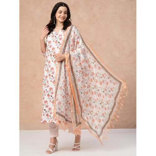 ANNI DESIGNER Women's Rayon Blend Straight Printed Kurta with Pant & Dupatta (Mogri White-NW_XXL_White_XX-Large)