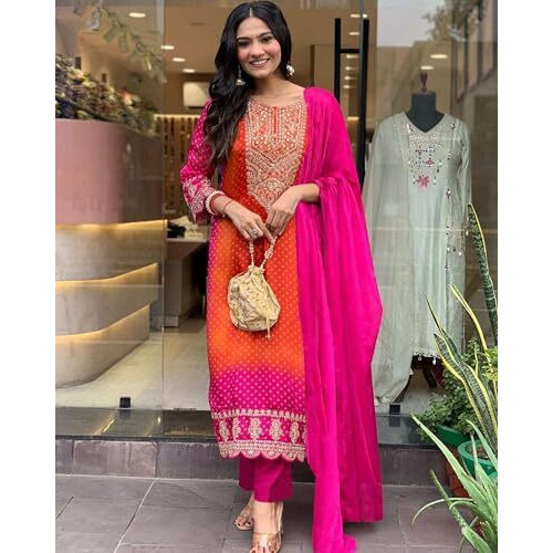 ANNI DESIGNER Women's Rayon Blend Straight Embroidered Kurta with Pant & Dupatta (Lasivan Pink_3XL_Pink_XXX-Large)