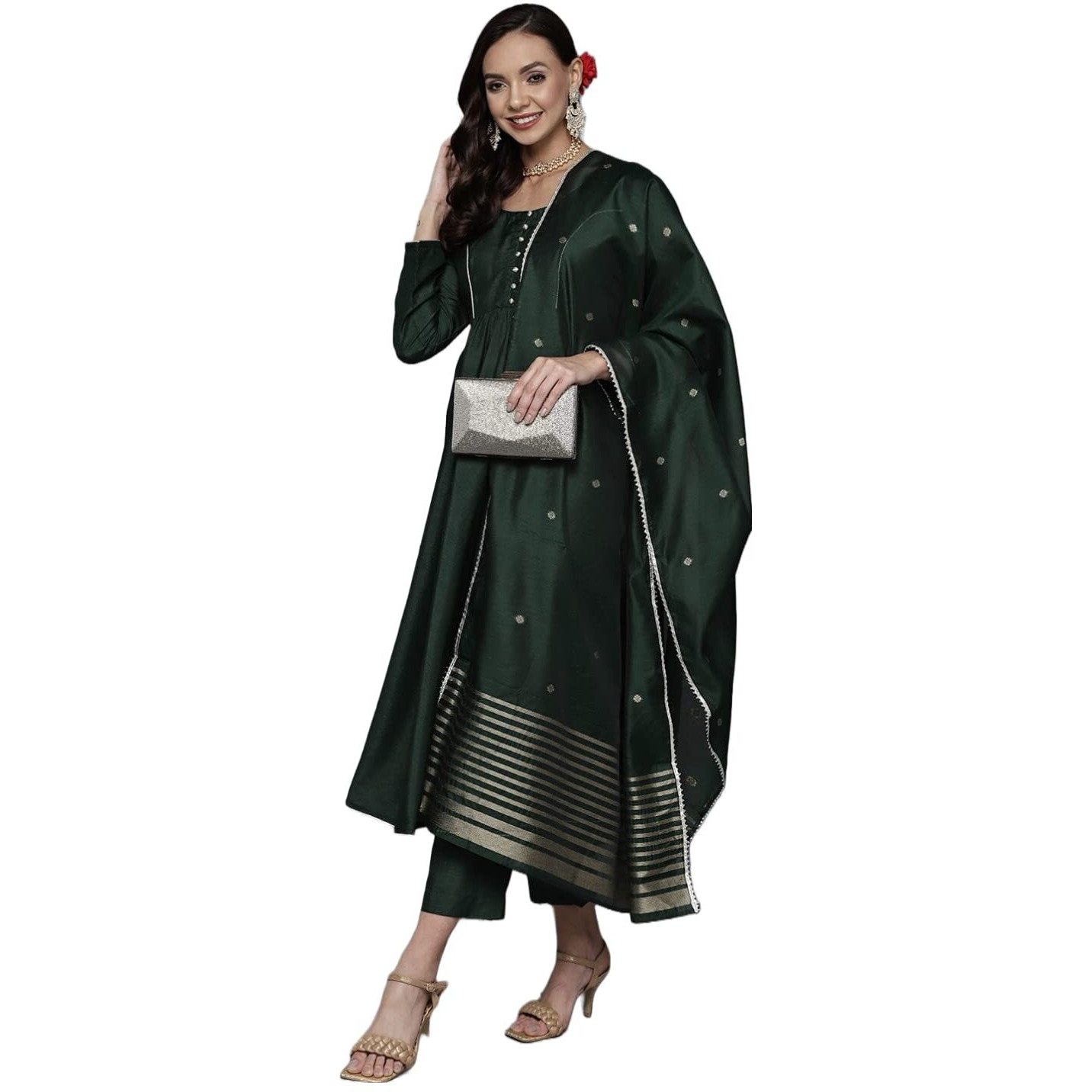 ANNI DESIGNER Women's Cotton Silk Blend Solid Anarkali Kurta and Pant with Dupatta (Carrom Green_XL_Green_X-Large)