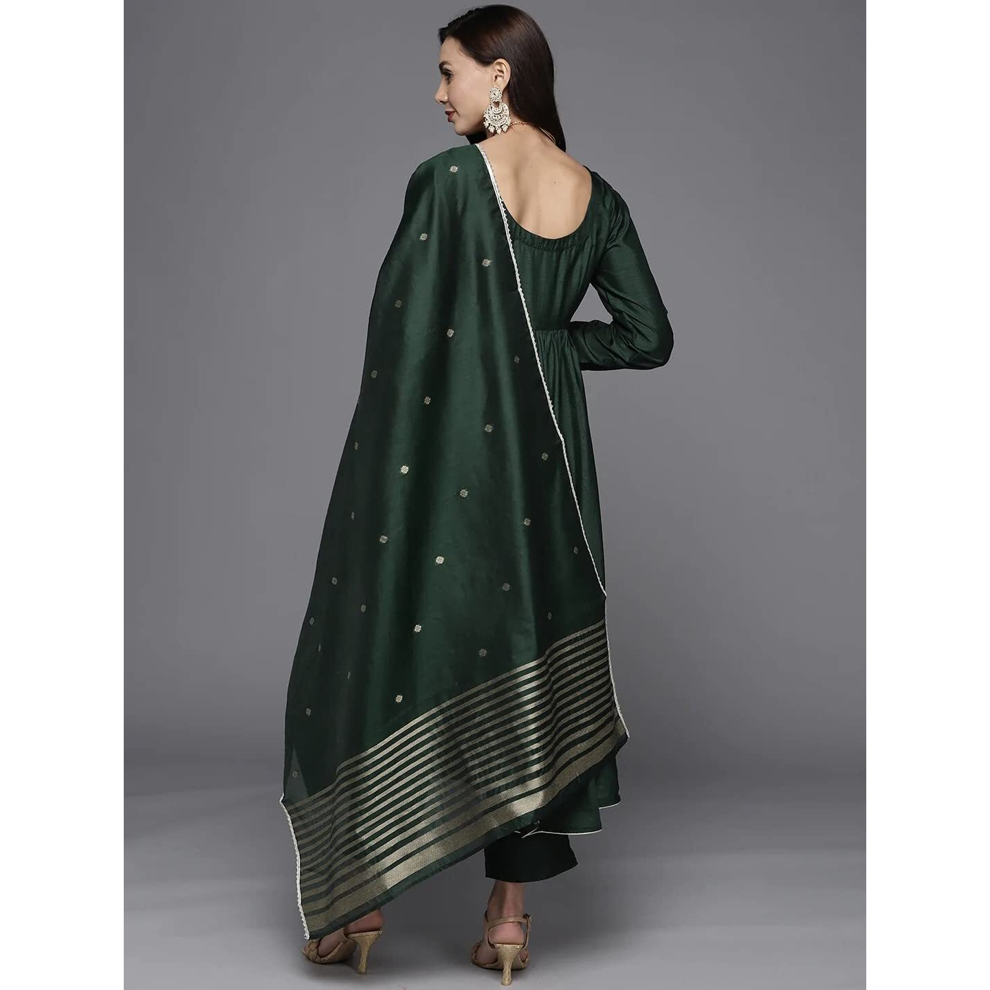 ANNI DESIGNER Women's Cotton Silk Blend Solid Anarkali Kurta and Pant with Dupatta (Carrom Green_XL_Green_X-Large)