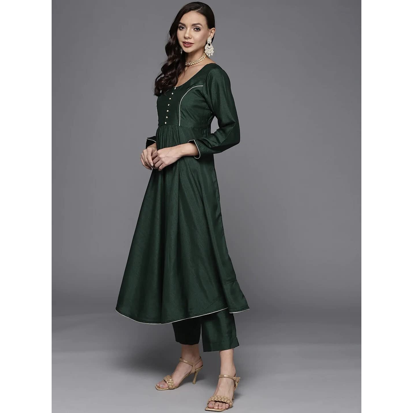 ANNI DESIGNER Women's Cotton Silk Blend Solid Anarkali Kurta and Pant with Dupatta (Carrom Green_XL_Green_X-Large)