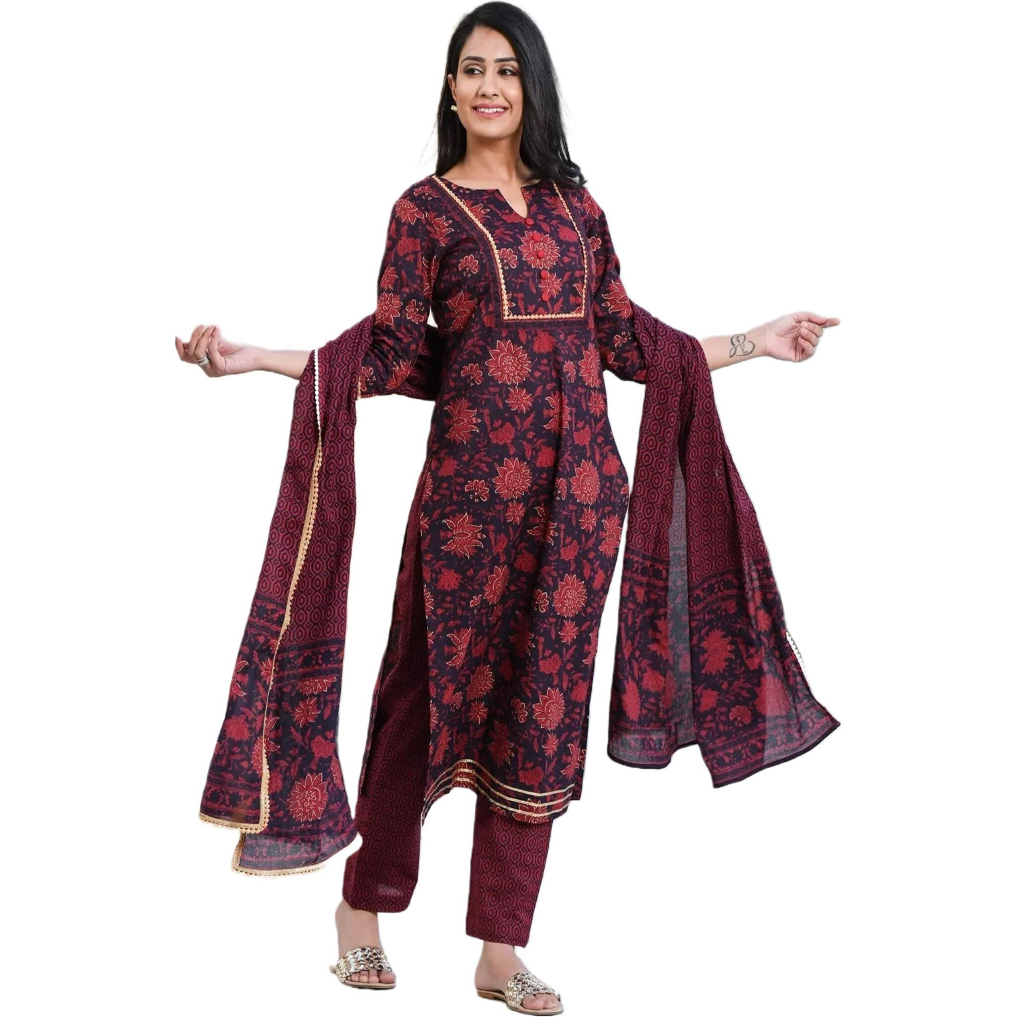 ANNI DESIGNER Women's Cotton Blend Printed Straight Kurta with Pant & Dupatta (Rapat Wine_S-Nw_Wine_Small)
