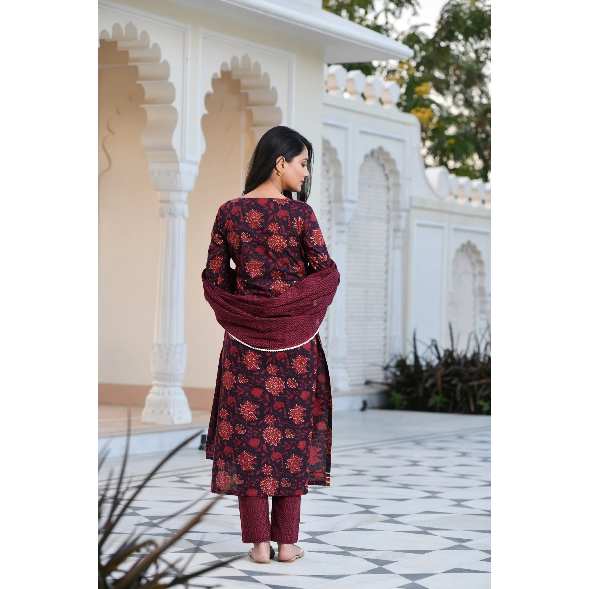 ANNI DESIGNER Women's Cotton Blend Printed Straight Kurta with Pant & Dupatta (Rapat Wine_S-Nw_Wine_Small)