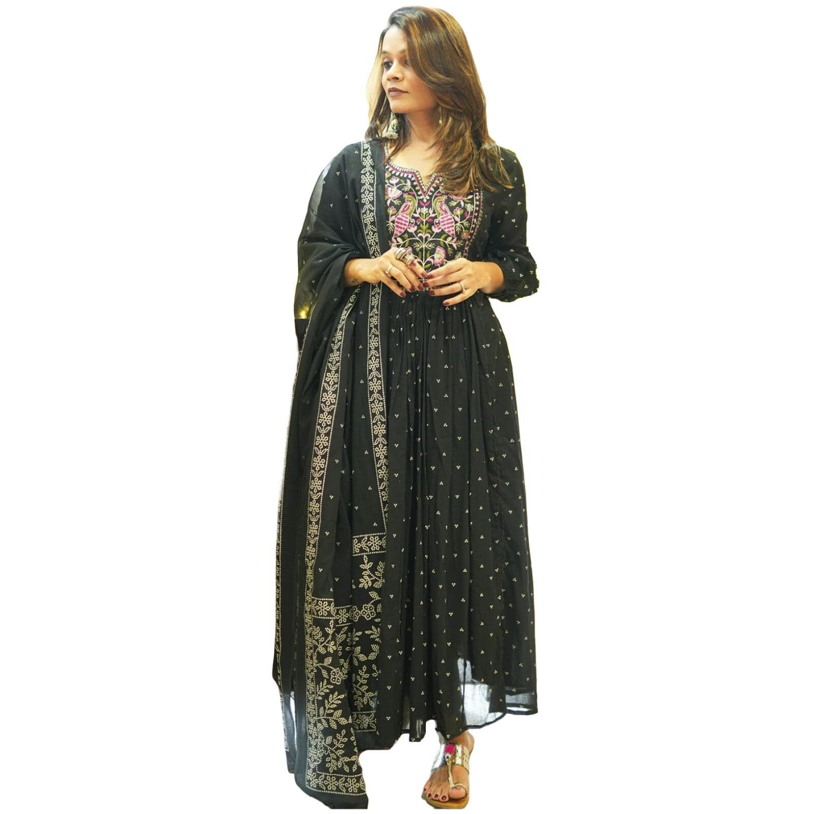 ANNI DESIGNER Women's Rayon Viscose Printed Anarkali Kurta with Pant & Dupatta (Kanota Black-VKS01_XXL_Green_XX-Large)