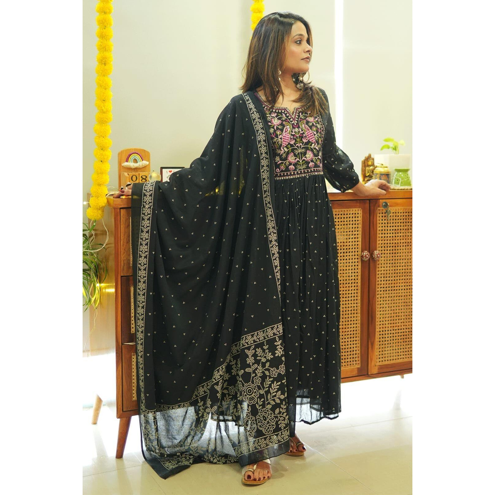 ANNI DESIGNER Women's Rayon Viscose Printed Anarkali Kurta with Pant & Dupatta (Kanota Black-VKS01_XXL_Green_XX-Large)