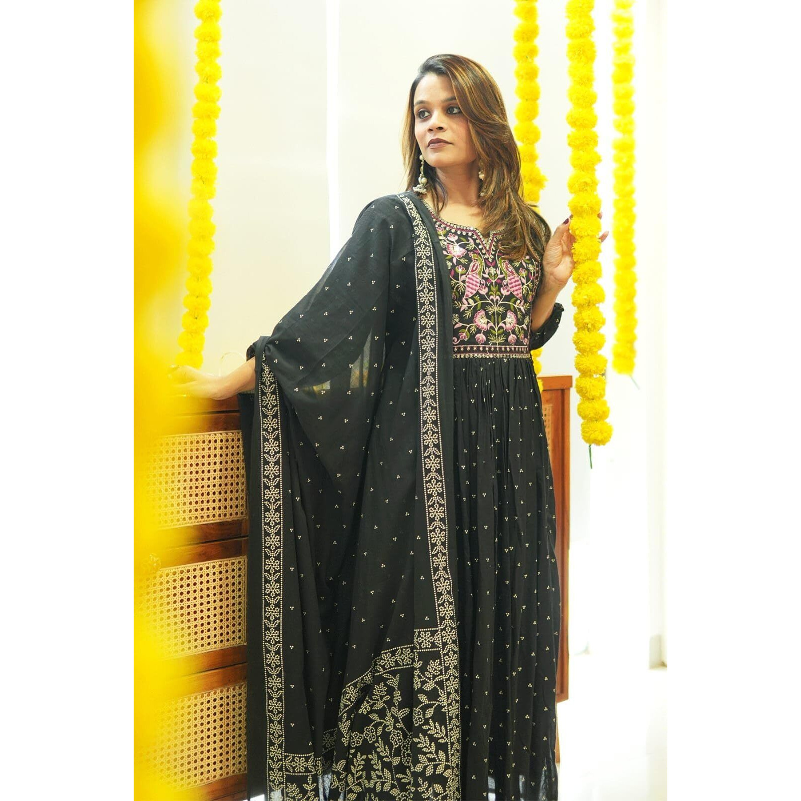 ANNI DESIGNER Women's Rayon Viscose Printed Anarkali Kurta with Pant & Dupatta (Kanota Black-VKS01_XXL_Green_XX-Large)