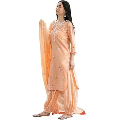 ANNI DESIGNER Women's Cotton Blend Straight Hand Block Printed Kurta with Pant & Dupatta (Ragsri Peach-VKS01_S_Peach_Small)