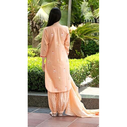 ANNI DESIGNER Women's Cotton Blend Straight Hand Block Printed Kurta with Pant & Dupatta (Ragsri Peach-VKS01_S_Peach_Small)