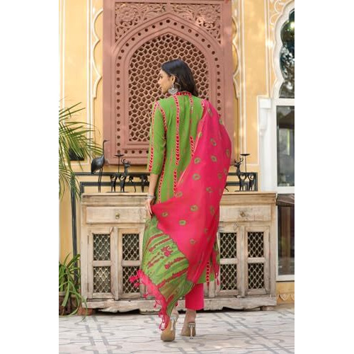 ANNI DESIGNER Women's Rayon Blend Straight Printed Kurta with Pant & Dupatta (SIBORI-Methi-BFV_L_Green_Large)