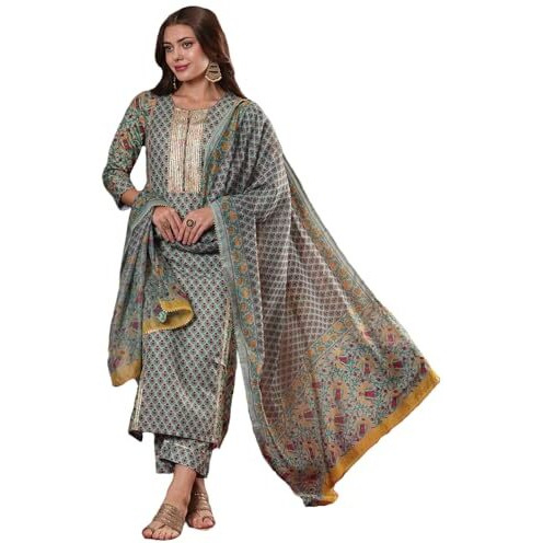 ANNI DESIGNER Women's Cotton Blend Straight Printed Kurta with Pant & Dupatta (SANGHVI Green_M_Green_Medium)