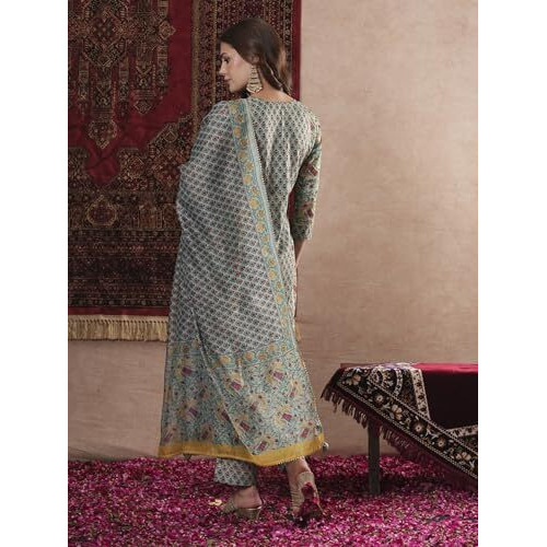 ANNI DESIGNER Women's Cotton Blend Straight Printed Kurta with Pant & Dupatta (SANGHVI Green_M_Green_Medium)