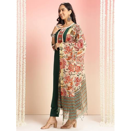 ANNI DESIGNER Women's Rayon Viscose Floral Straight Kurta with Pant & Dupatta (Dhar-CLRS-RB_Green_X-Large)