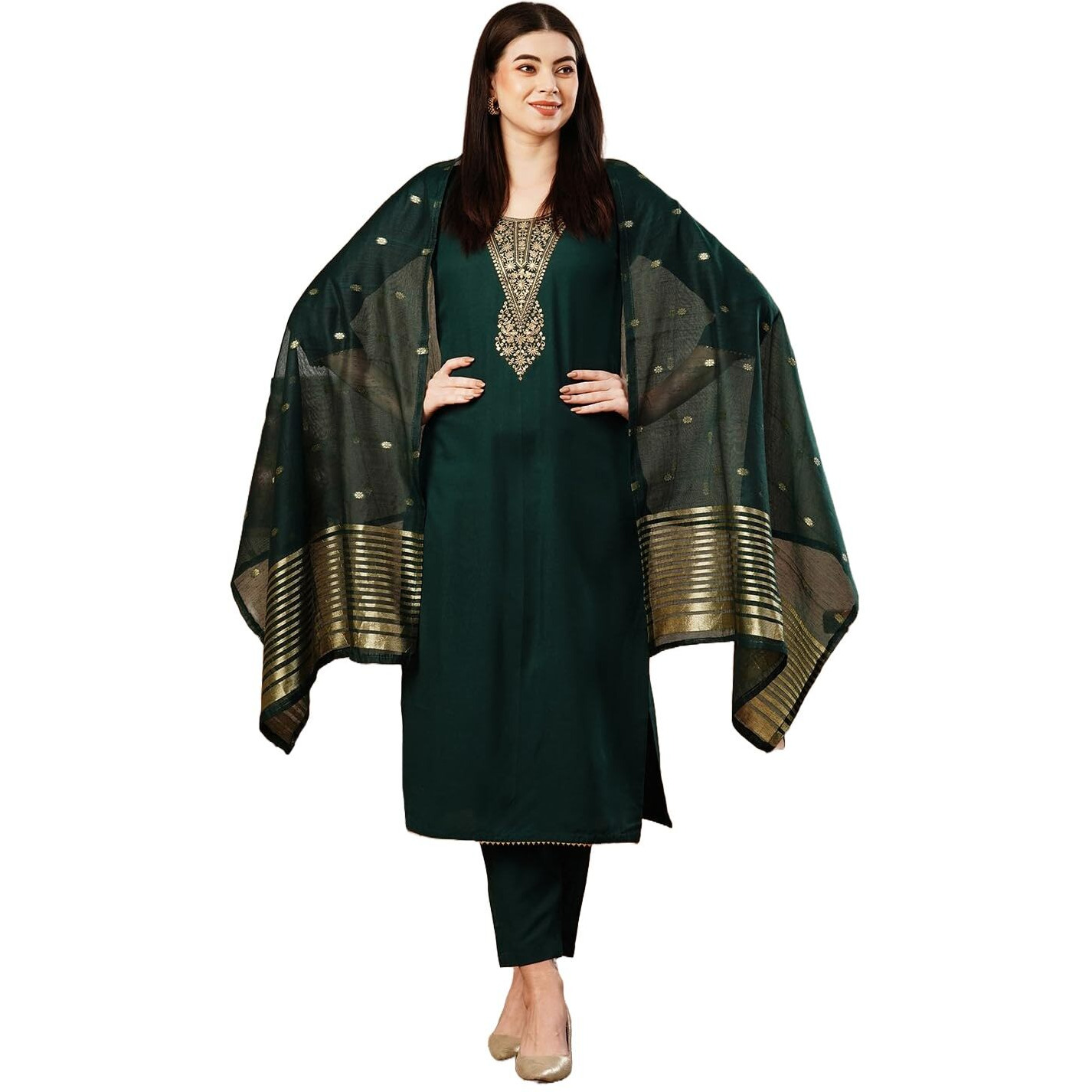 ANNI DESIGNER Women's Cotton Blend Straight Embroidered Kurta with Pant & Dupatta (Kanimoj Green_L_Green_Large)