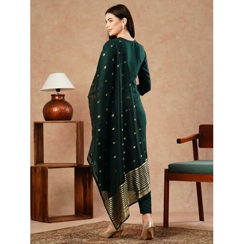 ANNI DESIGNER Women's Cotton Blend Straight Embroidered Kurta with Pant & Dupatta (Kanimoj Green_L_Green_Large)