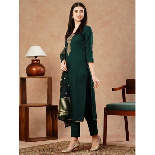 ANNI DESIGNER Women's Cotton Blend Straight Embroidered Kurta with Pant & Dupatta (Kanimoj Green_L_Green_Large)