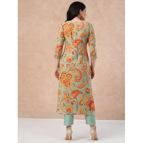ANNI DESIGNER Women's Cotton Blend Straight Printed Kurta with Pant (Tinka Pista-NW_M_Pista_Medium)