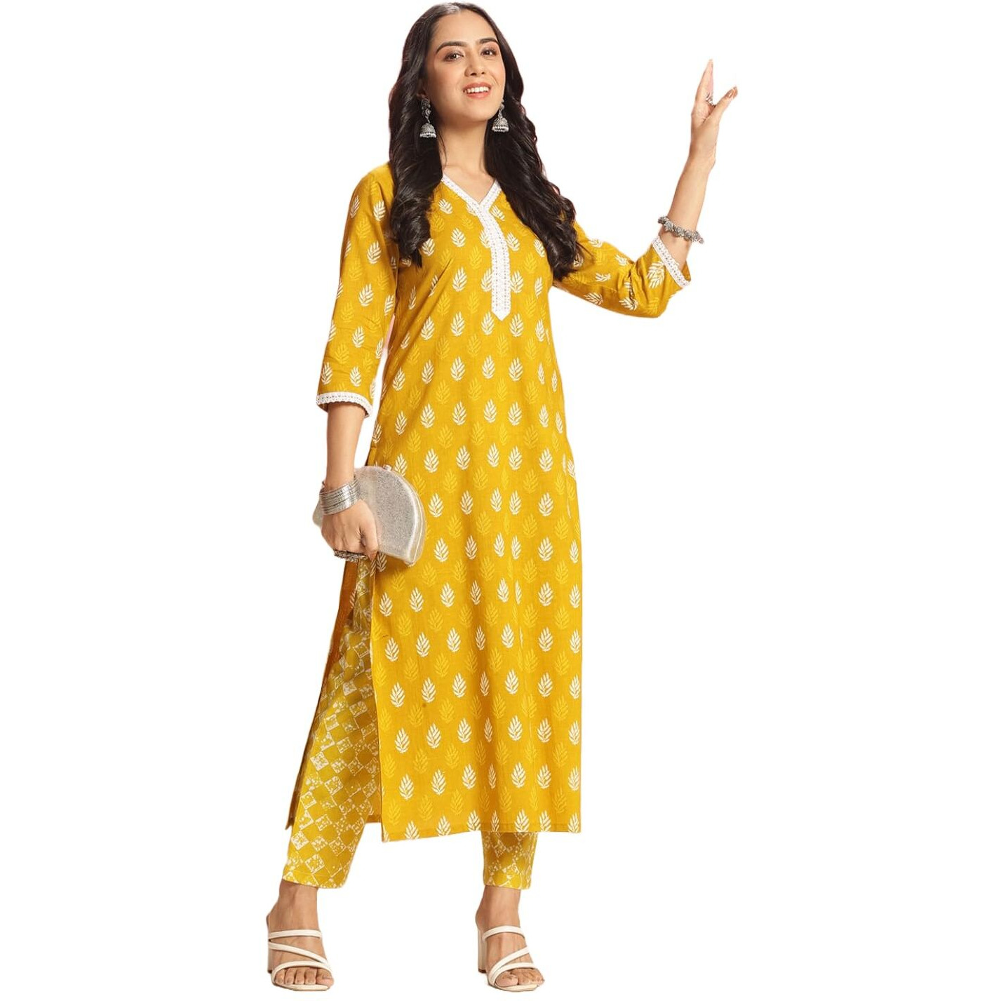 ANNI DESIGNER Women's Rayon Viscose Straight Printed Kurta with Pant (Goyala Yellow_M_Yellow_Medium)
