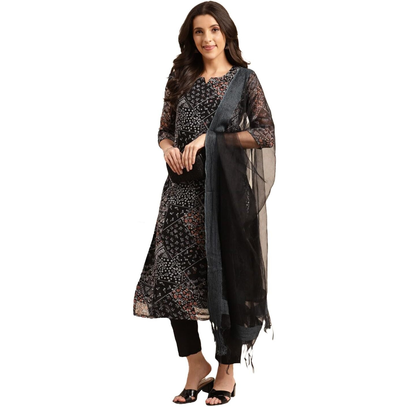 ANNI DESIGNER Women's Georgette Straight Printed Kurta with Pant & Dupatta (Pivis Black-NWG_XL_Black_X-Large)
