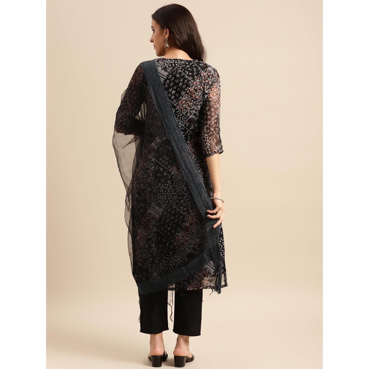 ANNI DESIGNER Women's Georgette Straight Printed Kurta with Pant & Dupatta (Pivis Black-NWG_XL_Black_X-Large)
